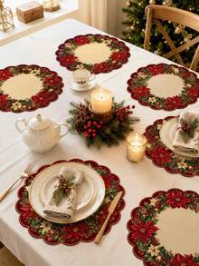 Red Christmas Flower Placemat, White Christmas Flower Holly Leaf Berry Gold Bell Wreath Print Table Mat, Suitable For Christmas Dinner Family Gathering Table Setting Holiday Home Decor - Multicolor - View 4