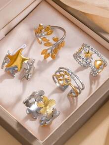 1/5pcs Color Block Stainless Steel Open Rings, Fashionable Women's Rust-Proof Rings, Durable Dual-Tone Rings, Suitable For Daily Wear - Color Block - View 5