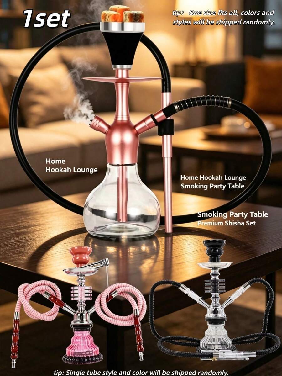 1 Set Single/Double Tube Black/Pink/Blue Portable Water Pipe Set, Aluminum Alloy Silicone Anti-Scald Bowl, Foldable Charcoal Rack, With Silicone Water Pipe, Modern Minimalist Outdoor Smoking Accessory, High-End Holiday Gift, Random Style