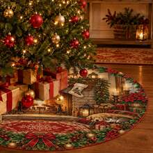 1pc Fireplace Pattern Christmas Tree Skirt, Elegant Color Holiday Decoration, 5 Sizes, Unisex Holiday Gift, Suitable For Home And Party Christmas Home Decor - Fireplace - View 4