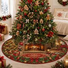 1pc Fireplace Pattern Christmas Tree Skirt, Elegant Color Holiday Decoration, 5 Sizes, Unisex Holiday Gift, Suitable For Home And Party Christmas Home Decor - Fireplace - View 9