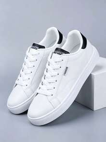 1 Pair Fashion Men's Sports Shoes, Casual White Sneakers, Campus Men's Shoes, Comfortable Non-Slip White Shoes With Front Lace Design, PU Material Suitable For All Seasons - Black and White - View 4