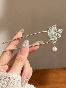 1pc French Style Metal Hollow Butterfly U-Shaped Hair Pin With Green Oil-Drip Textured Pearl Pendant, Bridal Banquet Back-Of-Head Updo Hair Accessory - Multicolor - View 5