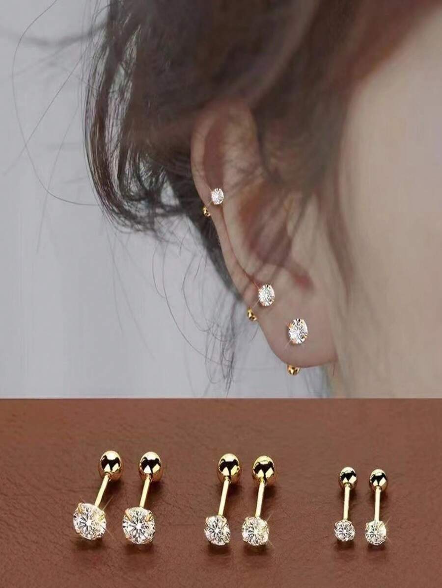 3 Pairs 18K Gold Plated Stainless Steel Classic Round Stud Earrings Set, Fashion Women Hypoallergenic Daily Layering Jewelry Gift - Earring Set - View 1