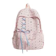 Dot Bow Print Backpack For Girls, Lace-Up Front Ribbon Decor Multi-Pocket Lightweight Casual Daypack School Rucksack Daily Use - Multicolor - View 14