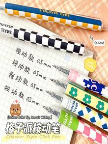 6pcs Checkerboard Color Block Click Neutral Pens, Bullet Tip Black Ink Click Pens, Highly Attractive Ins Style Back To School Stationery, Smooth Ballpoint Pens For Exams, Office And Study Supplies, Back To School Gift For Friends - Checkerboard Pattern - View 5