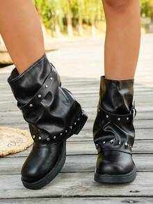 1 Pair Punk Style Multi-Metal Buckle Design Ruched Chunky Heel Mid-Calf Motorcycle Boots Riding Boots - Black - View 5