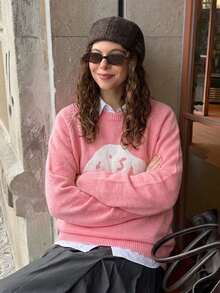 New Fashion Pink Sweet Style Cartoon Pattern Women's Loose Casual Sweater - Pink - View 1