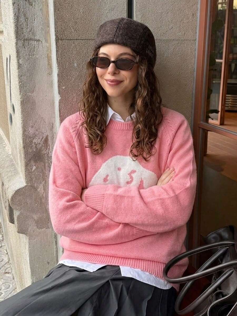 New Fashion Pink Sweet Style Cartoon Pattern Women's Loose Casual Sweater - Pink - View 1