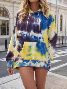 1pc Women's Tie-Dye Hooded Sweatshirt, Outdoor Mountain Style, Kangaroo Pocket, Drawstring Pullover, Versatile Jacket For Cycling, Climbing - Yellow - View 9
