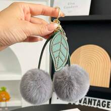 Cute Cherry Faux Rabbit Fur Ball Bag Charm, Leather Leaf Plush Cherry Keychain, Soft Girly Bag Pendant Decoration, Small Gift For Best Friend Birthday And Holiday - Multicolor - View 8
