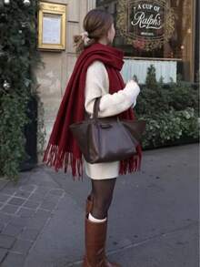 1PC Women's Simple Burgundy Solid Color Regular Style Faux Cashmere Scarf, Christmas Red Autumn/Winter College Style Pashmina Shawl, Suitable For Seasonal Transitions, Daily Wear, Windproof And Warm, New Year Gift - Burgundy - View 1