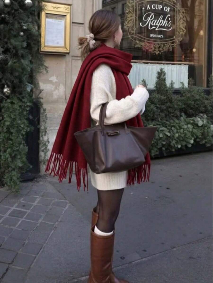 1PC Women's Simple Burgundy Solid Color Regular Style Faux Cashmere Scarf, Christmas Red Autumn/Winter College Style Pashmina Shawl, Suitable For Seasonal Transitions, Daily Wear, Windproof And Warm, New Year Gift - Burgundy - View 1