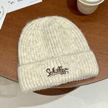 Women Embroidery Chunky Ribbed Knit Beanie Hat, Oversized Big Head Friendly Fluffy Fold Cuff Winter Warm Casual Fall Accessory - Chillen Embroidered Fashionable Korean Style Knit Hat - View 8