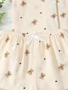 2pcs/Set Women's Comfortable Black Spade Teddy Bear Print Short Sleeve Collared Top And Bowknot Shorts Pajama Set - Apricot - View 6