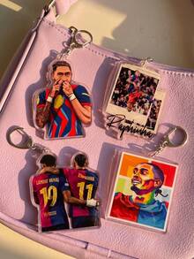 1Pc/4Pcs Raphinha Themed Acrylic Keychains, Featuring Celebration Action Illustration, Photo Frame, Jersey Back View Group Photo And Colorful Pop Art Portrait Design, Fashion Bag Charm, Suitable For: Back To School, Gift For Football Fans, Exquisite Collection, All Season Wear. - Multicolor - View 1