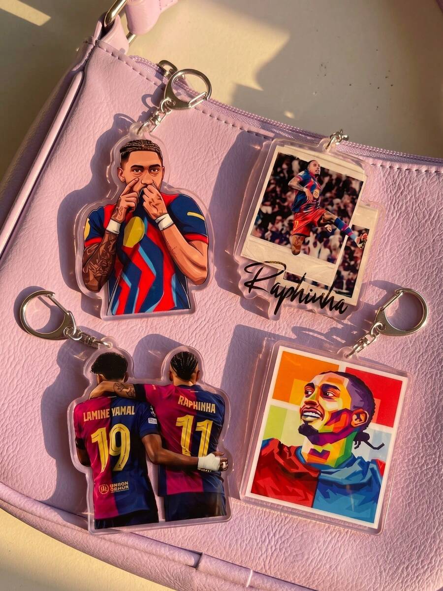 1Pc/4Pcs Raphinha Themed Acrylic Keychains, Featuring Celebration Action Illustration, Photo Frame, Jersey Back View Group Photo And Colorful Pop Art Portrait Design, Fashion Bag Charm, Suitable For: Back To School, Gift For Football Fans, Exquisite Collection, All Season Wear. - Multicolor - View 1