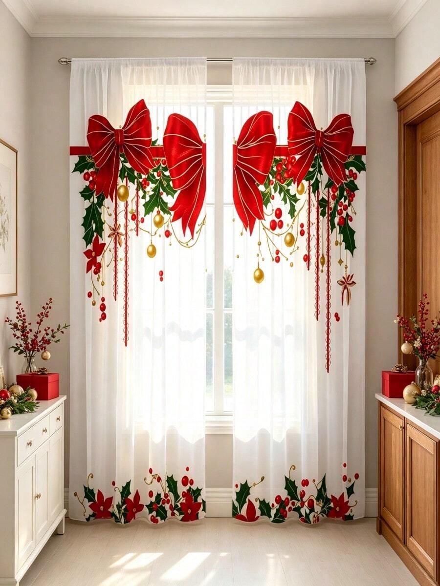 2PCS Christmas Sheer Curtains, Happy Holidays, Bow And Christmas Berry Patterns, Polyester Fiber Material,Trunked Window Screen,Four Seasons Home Window Decoration,Kitchen,Living Room,Bedroom,Dining Room Available In Multiple Sizes,Christmas Gifts - Multicolor - View 1