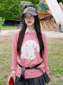 New Fashion Pink Sweet Style Cartoon Pattern Women's Loose Casual Sweater - Pink - View 3