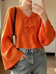 Girls Casual Solid Color V-Neck Front Tie Flared Sleeve Top, Bow Top, Suitable For Spring/Autumn Daily Outdoor Back To School Party - Orange - View 3