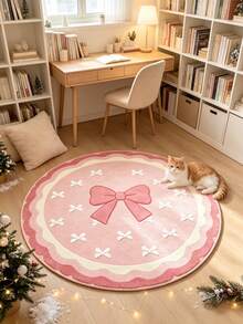 1pc Christmas New Sweet Pink Round Bow Rug, Cute Decorative Floor Mat For Girls' Room, Living Room, Bedroom, Autumn/Winter Minimalist Decorative Blanket, Decorative Rug, Bedroom Decor, Small Rug, Rug, Home Decor, Living Room Rug, Living Room Small Rug, Bedroom Rug, Living Room Home Decor - Multicolor - View 5