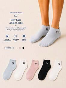 5 Pairs Random Women's Bow Embroidery Ruffle Ankle Socks, Cute Lettuce Trim Soft Breathable Low Cut Casual Socks - Multicolor - View 1