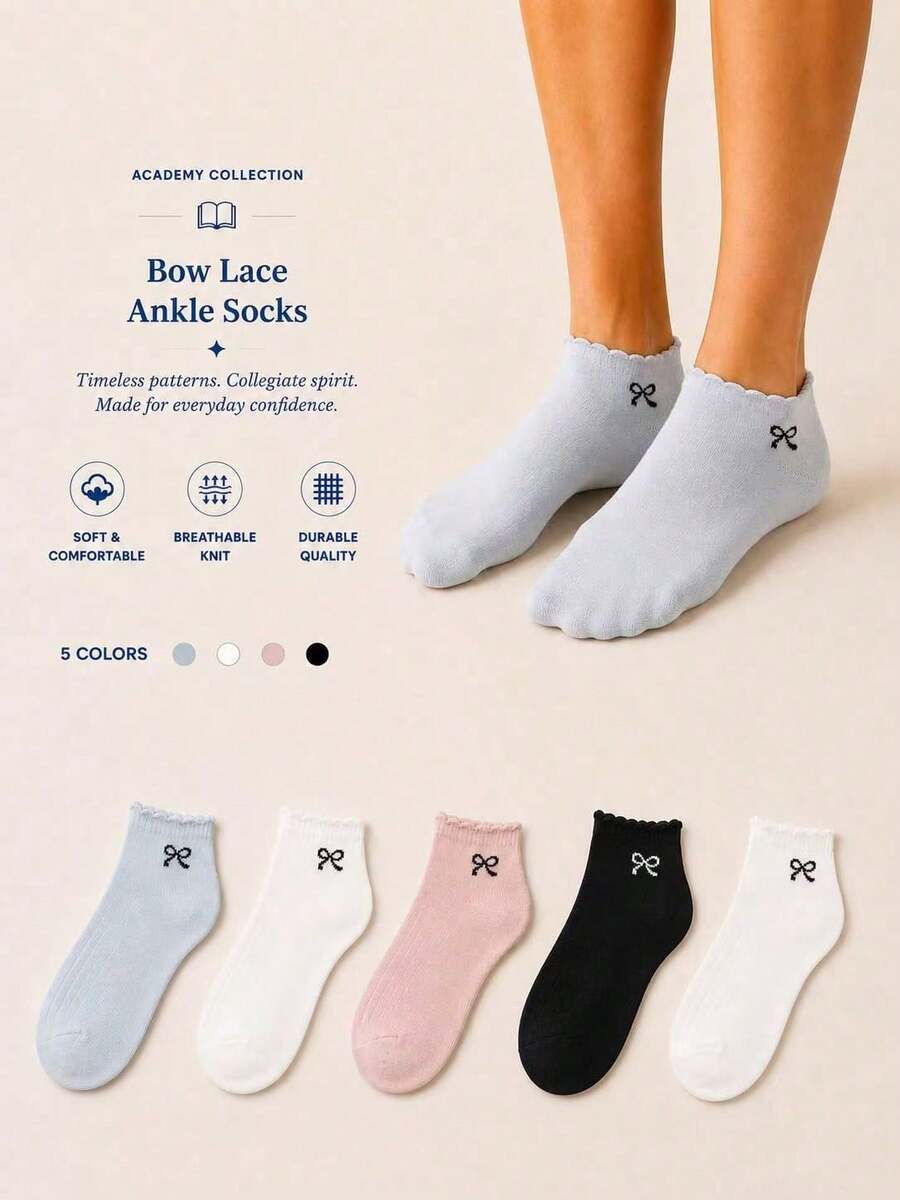 5 Pairs Random Women's Bow Embroidery Ruffle Ankle Socks, Cute Lettuce Trim Soft Breathable Low Cut Casual Socks - Multicolor - View 1