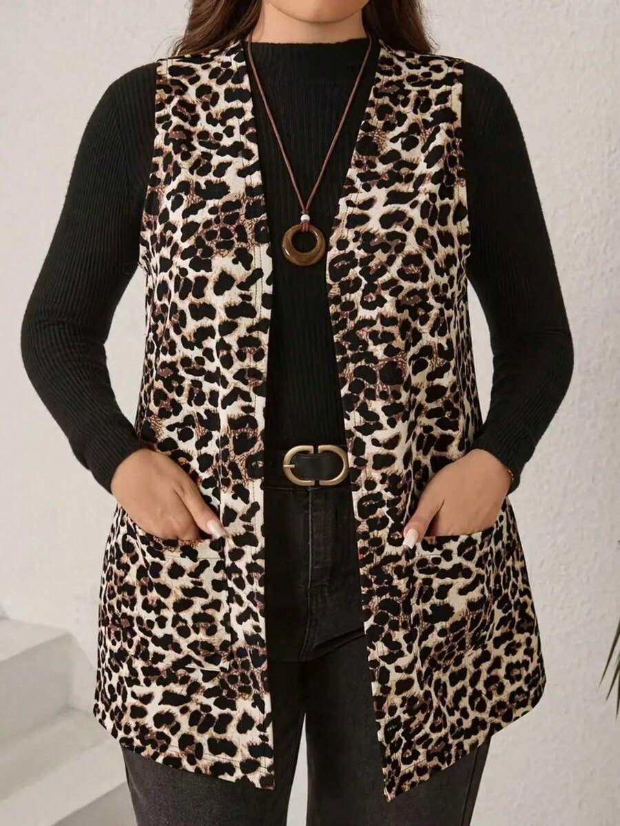 Plus Size Women's Leopard Print Open Front Sleeveless Vest, With Pockets, Casual Everyday Layering Outerwear