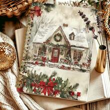 1pc 14*21cm Christmas Snow House Print Notebook, Winter Cabin Holly Bow Pattern Wirebound Journal, Xmas Holiday Themed Notepad For Daily Writing - Multicolor - View 5