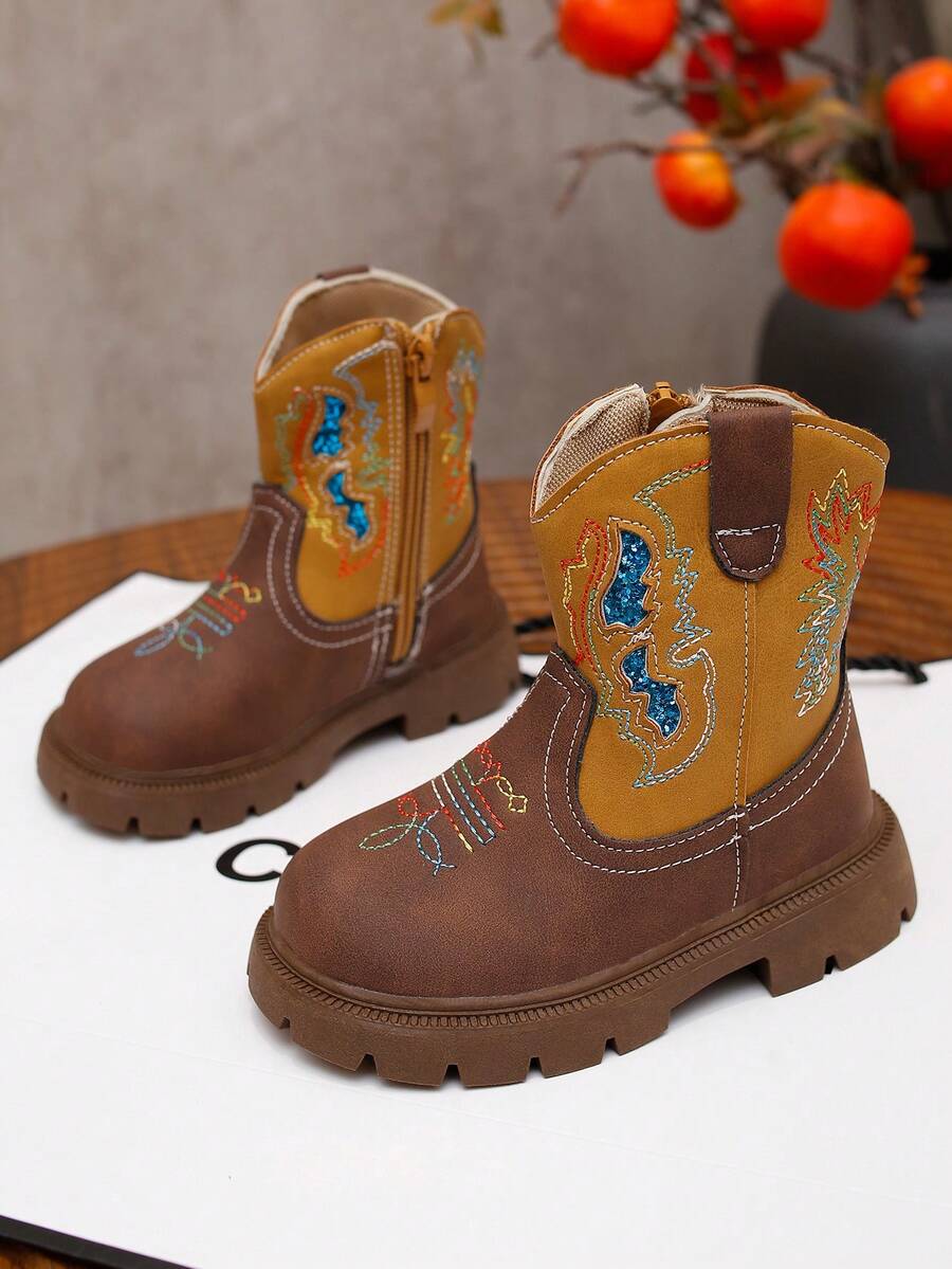 Western Style Embroidered Children's Boots, Mid-Calf Western Boots, Vintage Mid-Calf Boots, Fashionable Comfortable Flat Boots, Suitable For Daily Wear In Autumn And Winter - Brown - View 1