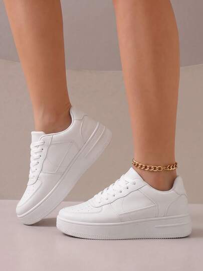 TCVC Women's Fashion Thick Sole Sports Shoes White Lace-Up Patchwork Breathable Height-Increasing Casual Shoes Daily Wear Versatile Student White Sneakers
