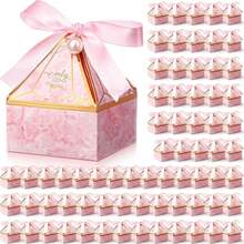 10pcs(5pcs Bags+5pcs Ribbons) Pyramid Wedding Candy Boxes, Pink Marble Texture Candy Gift Boxes With Ribbon And Pearl Decoration, Paper Dessert Packaging Boxes, Bride Shower Party Storage Boxes, Can Hold Chocolates, Cookies, Jewelry, Wedding Guest Thank You Gift Packaging, Engagement Birthday Party Decoration, Foldable Flat Empty Gift Boxes, Wedding Souvenir DIY Gift Boxes - Pink - View 5