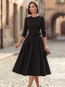 Women's Elegant Bowknot Dress, Autumn, Office & Vacation Style - Black - View 6