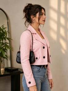 ​Blazer corto mujer manga larga doble botonadura elegante casual abrigo - Rosa - Ver 2