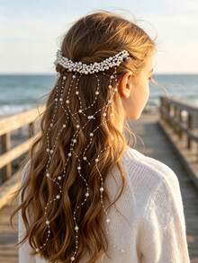 1pc Handmade Pearl Pendant Tassel Hair Clip, Exquisite Cross-Border European And American Style Hair Accessory, Bohemian Vintage Long Dangle Pearl Tassel Hair Comb, Suitable For Party, Daily Or Formal Occasions - Multicolor - View 3