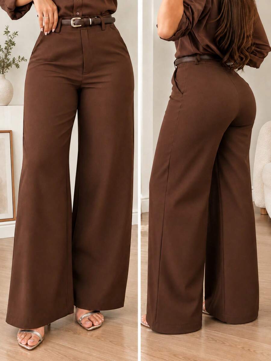 Premium High-Waist Slimming Versatile Straight Leg Wide Leg Pants For Women, Brown Woven Straight Long Pants With Pockets, Non-Stretch Autumn Trousers - Coffee Brown - View 1