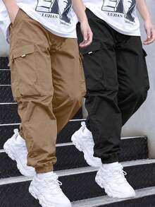 2pcs/Set Tween Boys Designer Minimalist Fashion Casual Streetwear Daily Cargo Pants - Multicolor - View 6
