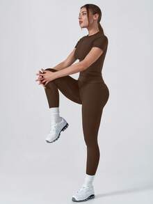 NcmRyu Women's One Set Solid Color Ribbed Seamless Crew Neck Short Sleeve Soft High Waist Ruched Athletic Tight Long Pants Set - Mocha Brown - View 8