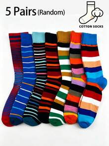 1/3/5 Pairs Unisex Colorful Striped Print Crew Socks, Contrast Cuff Design, Novel Mid-Calf Socks, Suitable For Daily Streetwear - Multicolor - View 5