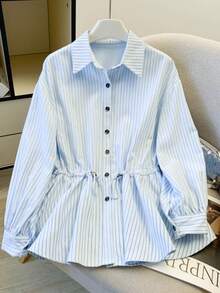 Women's Autumn Striped Front Button Drawstring Ruffle Office Blouse - Baby Blue - View 1