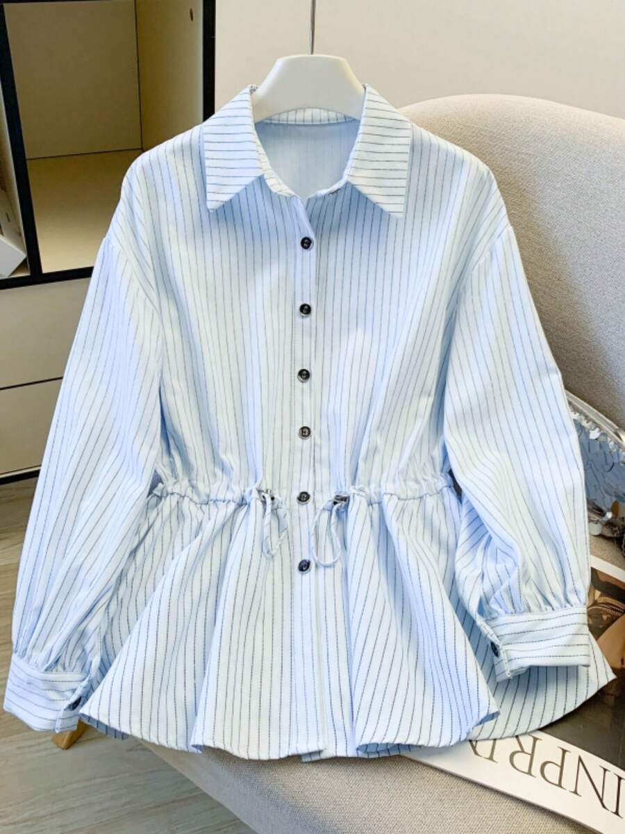 Women's Autumn Striped Front Button Drawstring Ruffle Office Blouse - Baby Blue - View 1