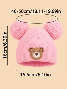 6pcs/2pcs Baby Cute Cartoon Bear Embroidered Knitted Hat & Gloves Set, 3 Solid Colors Double Pom Pom Cuffed Winter Hat & Fingerless Gloves, Fashionable Autumn/Winter Clothing Accessories For Baby, Suitable For Outdoor Activities And Photo Shoots - Multicolor - View 2