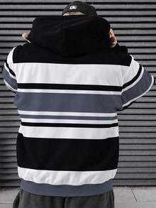 Hoodie Pria Ukuran Besar, Motif Garis Kotak-kotak, Gaya Kasual Sporty, Nyaman untuk Dipakai Sehari-hari, Mudah Dipadukan, Tunjukkan Gaya Anda - Hitam - View 2
