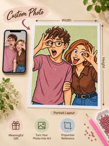 Personalized Photo Diamond Painting, DIY Diamond Art Kit, Turn Your Photo Into Unique Cartoon Style Artwork, Square And Round Acrylic Diamonds, Creative Handmade Gift For Couples, Family, Friends, Birthday And Special Occasions - Multicolor - View 5