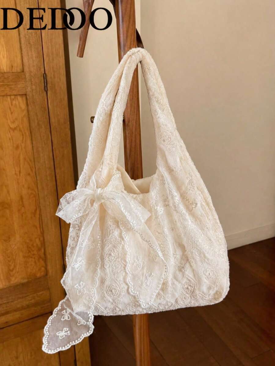 Dedoo 2025新款中式刺繡優雅休閒女款托特包,大容量單肩手提包,適合上班、海邊使用,沙灘包 - 白色 - 查看 1