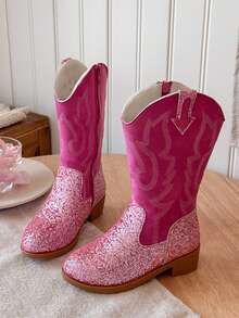 1 Pair Girls' Western Boots With Buckle Decor, Suede PU Material, Toe-Split Mid-Calf Flat Sole, Personalized Style, Suitable For Summer/Spring/Autumn Travel/Street Wear - Hot Pink - View 3