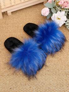 1 Pair Women's Contrast Color Long Plush One-Strap Indoor Comfortable Soft Sole Fuzzy Slippers - Blue - View 8