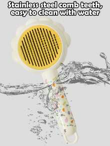 1pc Blue/Yellow Cat & Dog Self-Cleaning Deshedding Brush, One-Click Hair Removal, 140° Curved Steel Needle Slicker Brush With Massage Tips, Ergonomic Handle, Cute Flower Design, Effectively Removes Loose Fur And Undercoat, Pet Grooming Tool - Multicolor - View 10
