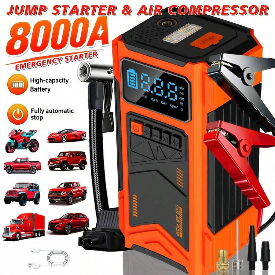 Portable Car Jump Starter, 180PSI Digital Display Tire Inflator, Compatible With Gasoline Engines And Various Engines, LED Flashlight Car Accessories Set, Portable Car Emergency Tool, Includes Various Adapters, A Multi-Functional Product Combining Car Jump Starter And Tire Inflator