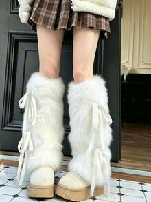 Fuzzy Warm Leg Warmers White Bow Decor Faux Fur Leg Sleeves Y2K Gothic Style Boot Covers Suitable For Party, Cosplay, Winter Outfit - Multicolor - View 5